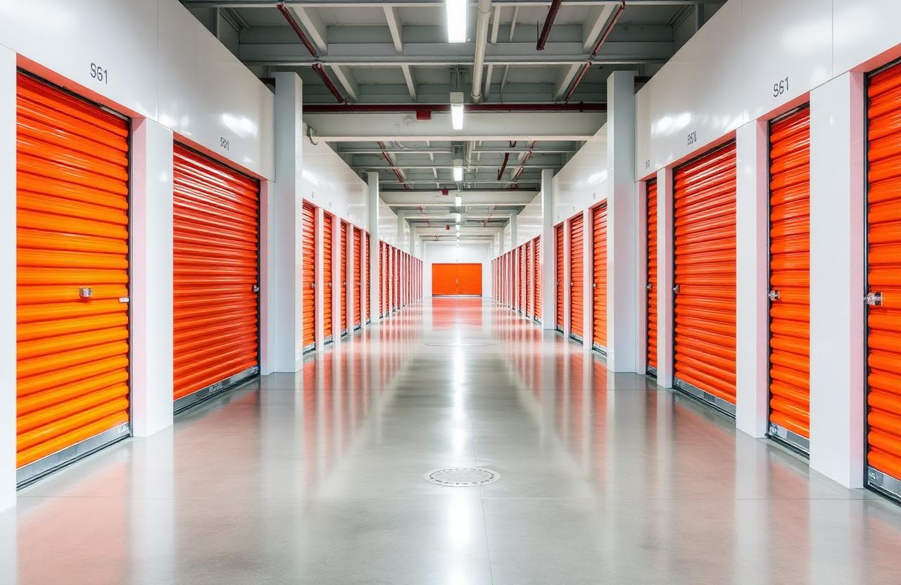 Minilager Askim – lys korridor med rader av orange lagerporter